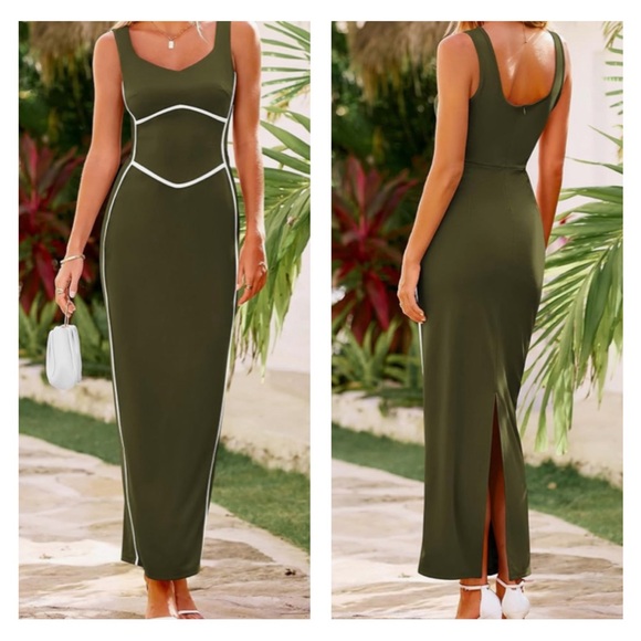 Army Green & White Sleeveless Square Neck BodyCon Maxi Dress - Picture 2 of 2